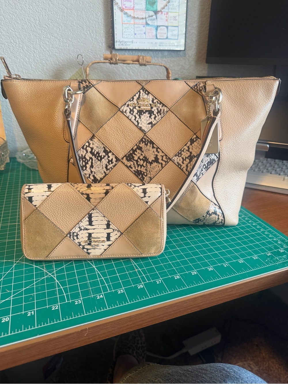 Coach Beechwood Beige Snake Patchwork Ava Tote with matching wallet
